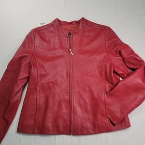 Identity by Lord Taylor Red Leather Jacket Womens Sz 12 Collarless Zipper Front